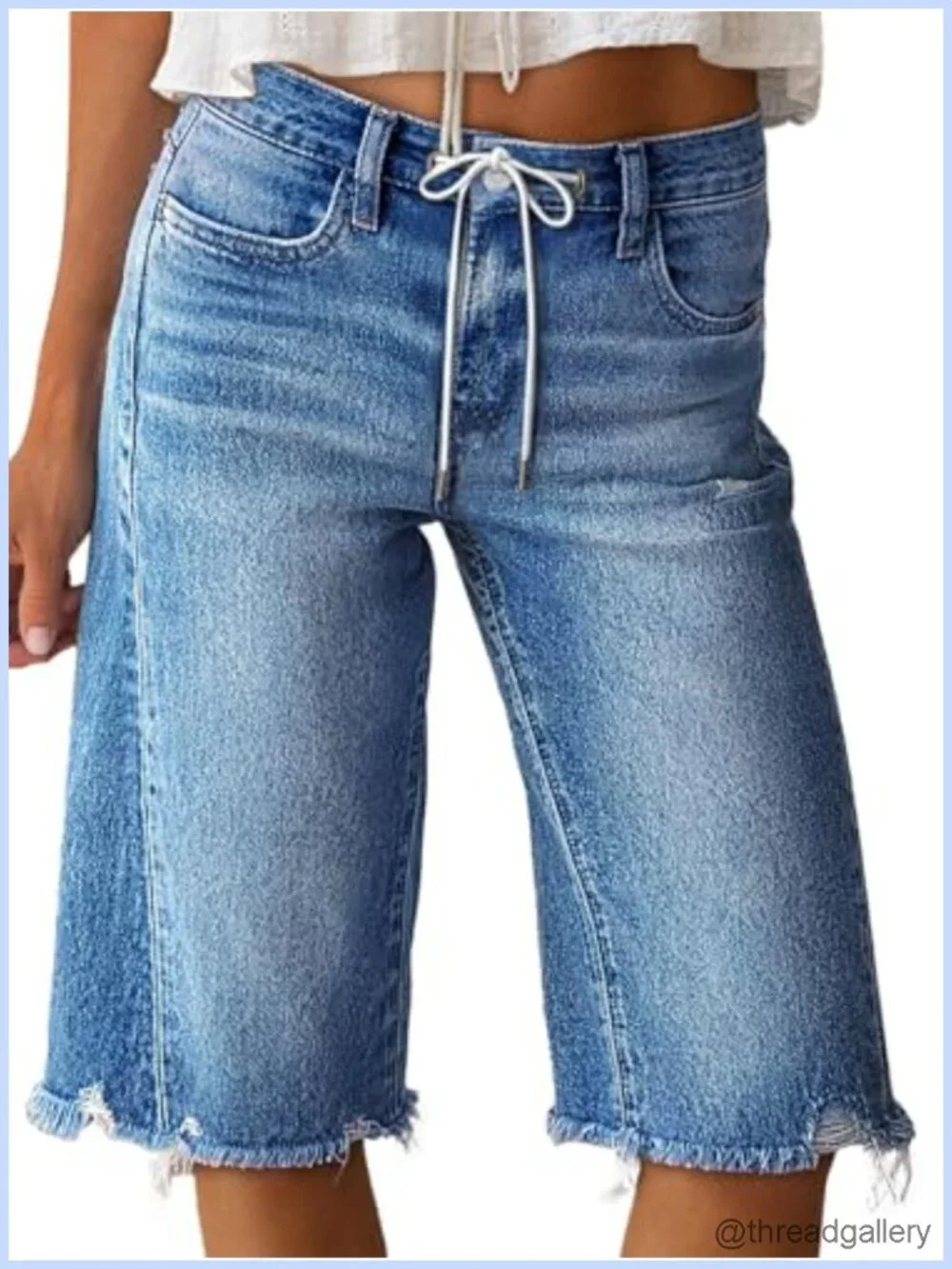 Mid Rise Straight Leg Bermuda Drawstring Denim Shorts High Stretch Raw Hem